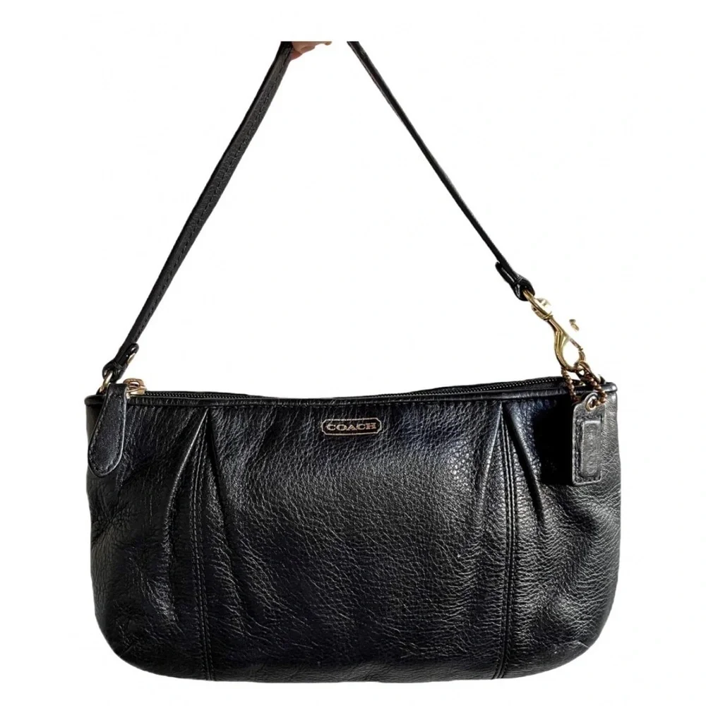 Coach Black Pebble Leather Zip Top Wristlet Large